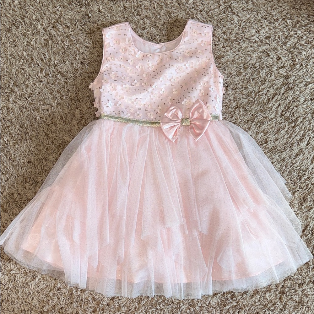 4t girls sleeveless light pink dress with floral embellishments & layered tulle